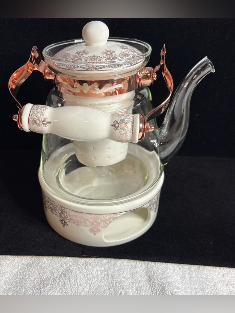 Buckingham Palace, White Ceramic and Rose Gold Accent Glass Teapot with Infuser